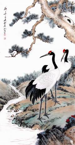 吴雨旺，松鹤图，138x68cm