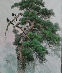 朝鲜国画 功勋艺术家池顺姬作品143-120厘米 带合影