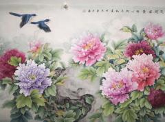 精品 工笔名家——禾林，精品工笔牡丹，四尺整，137×68，保真带合影、视频！！！ 【获奖专业户，中美协待批（获奖次数已够）