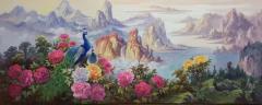 朝鲜大幅油画 秀丽江山 富贵吉祥 300-120厘米。功勋艺术家作品