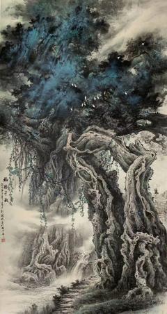 新作的一幅六尺榕树作品《福榕千秋》