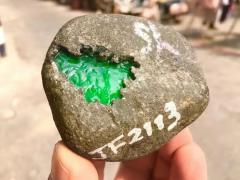 JF2129号146克精品莫湾基大面积开窗冰阳绿戒面品质挂件料，品相好，无裂纹，大面积开窗种老起胶，色相当辣，水头充足，冰冰透透，满绿，直接出货，尺寸5*5*3cm