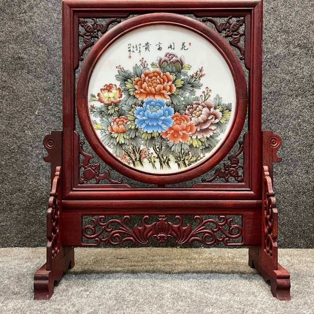 花梨木框架镶粉彩花鸟山水人物瓷板画桌面屏风摆台
