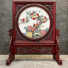 花梨木框架镶粉彩花鸟山水人物瓷板画桌面屏风摆台